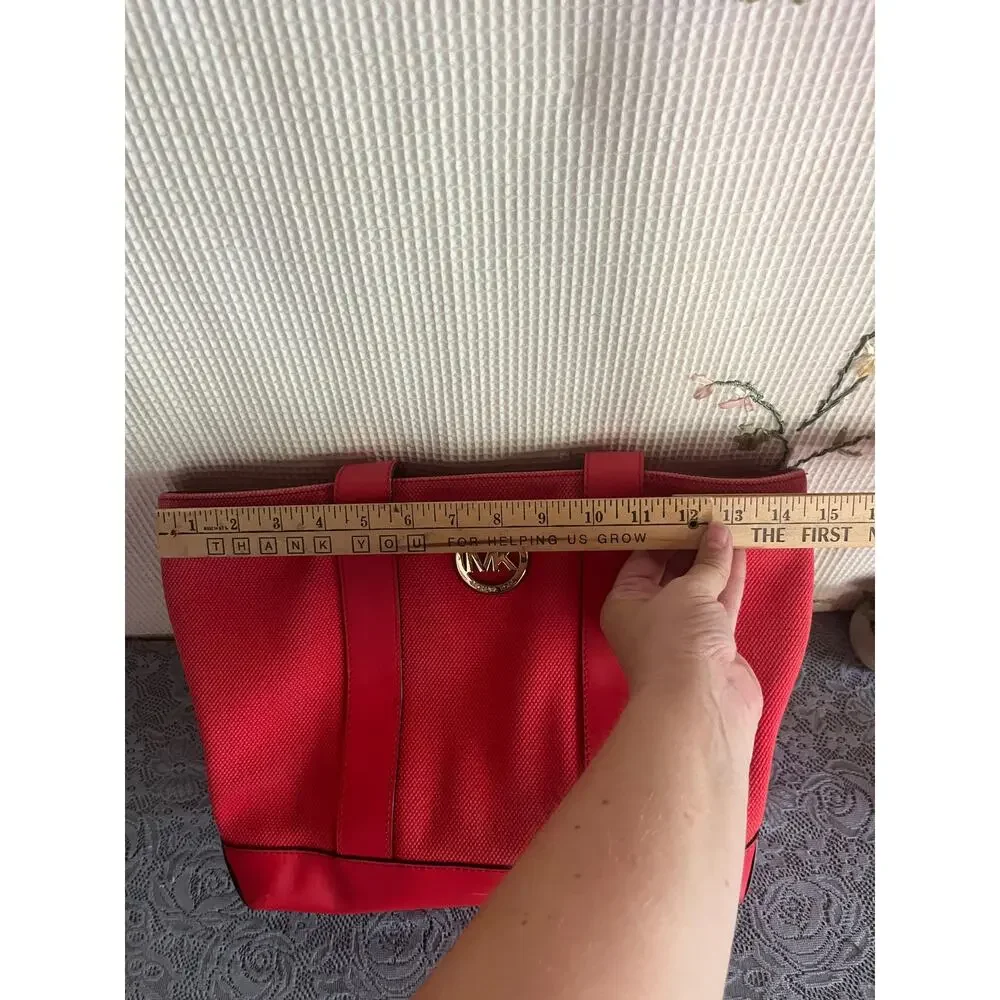 Michael Kors Red Woven Canvas Leather Tote Bag Gold MK Medallion Signature